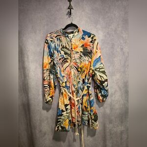 H&M Multicolor Floral Print Long Sleeve Shirt Dress - Blue, Pink, Yellow, Green